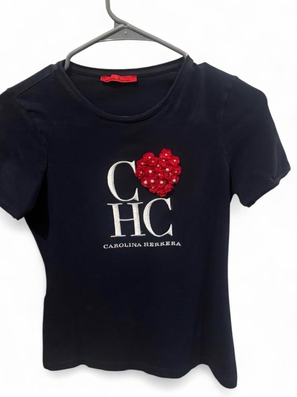Carolina Herrera Black Tee with Red Floral Heart and White Logo